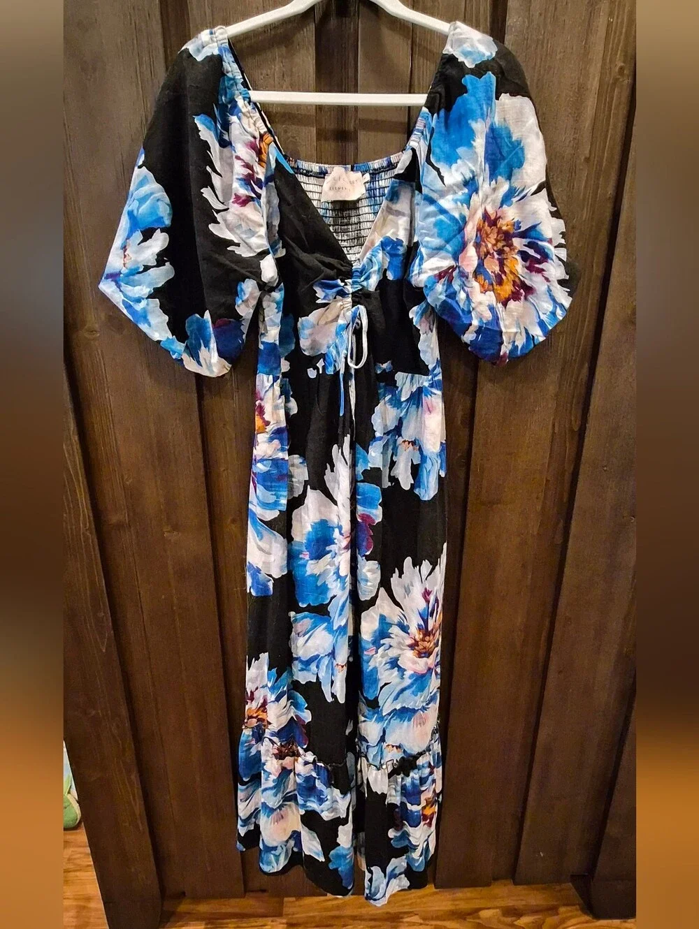 Element Black Maxi Dress with Blue and White Floral Accents - Picture 1 of 4
